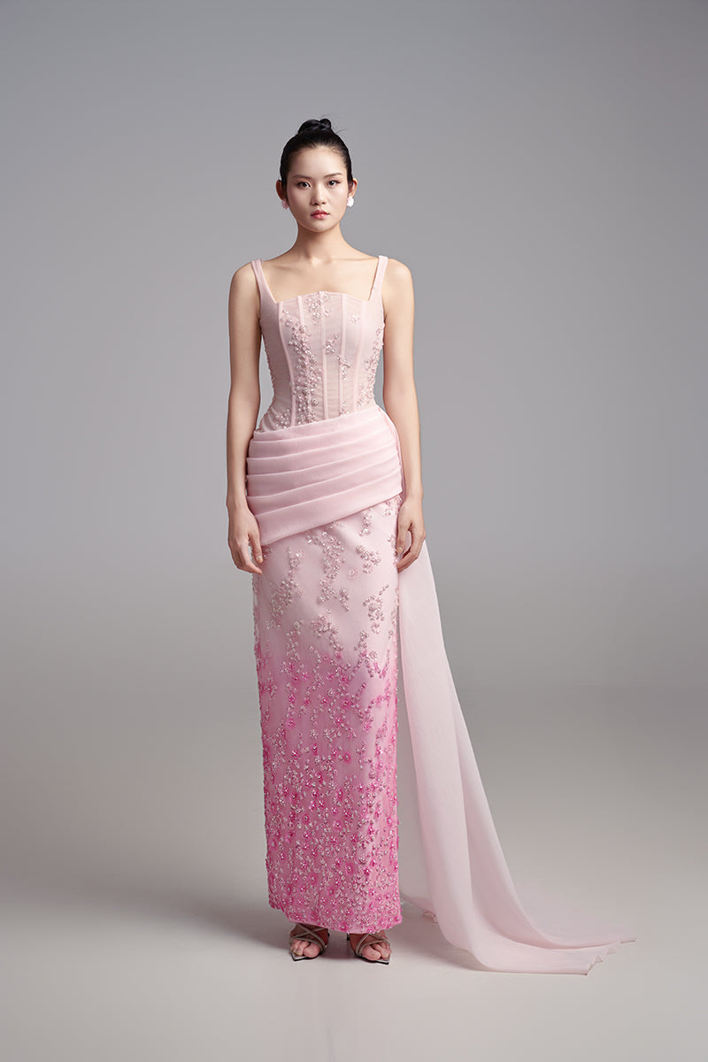SQUARE NECK PLEATED WAIST STRAIGHT LONG DRESS