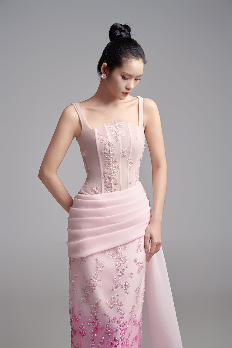 SQUARE NECK PLEATED WAIST STRAIGHT LONG DRESS - CULT MIA