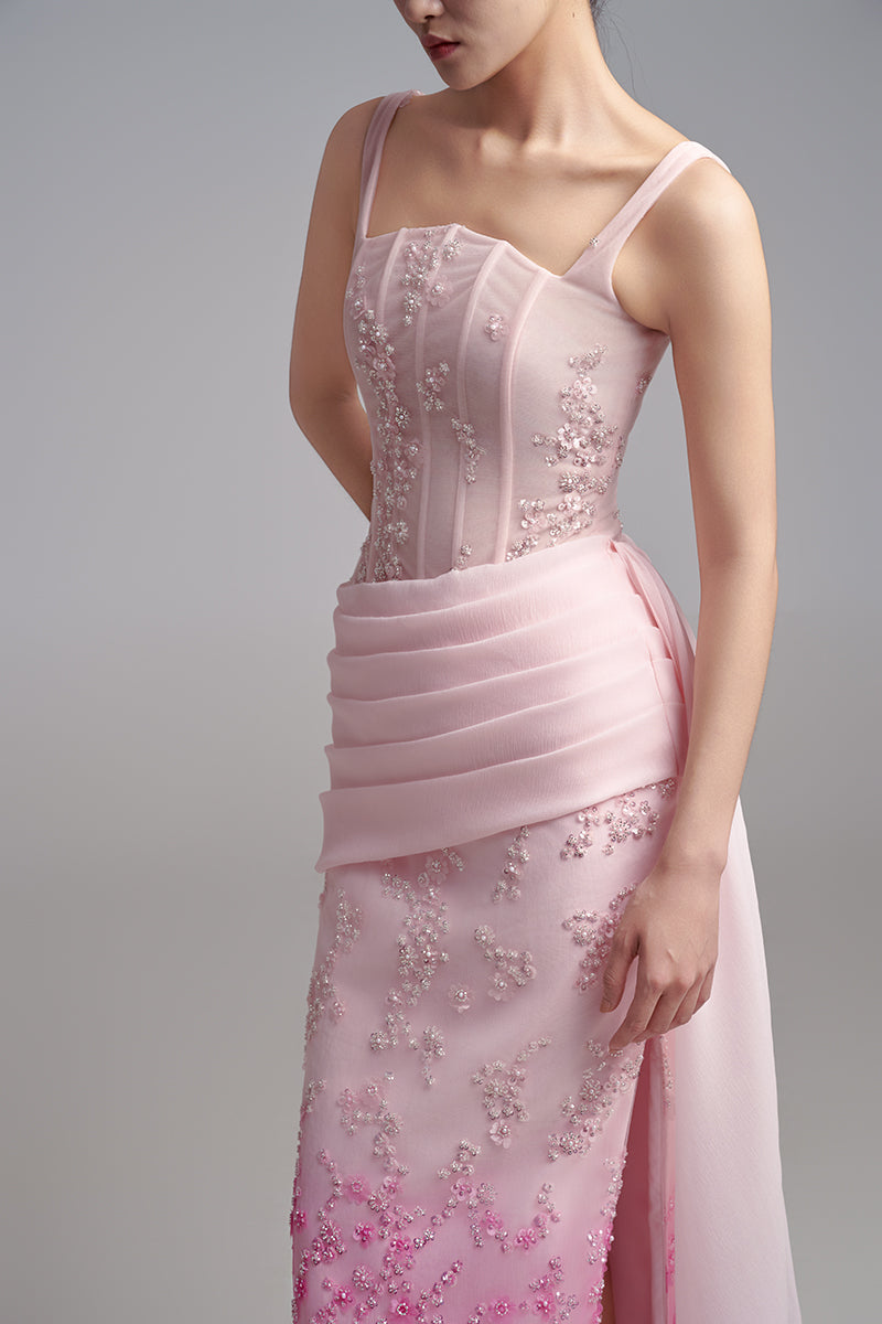 SQUARE NECK PLEATED WAIST STRAIGHT LONG DRESS - CULT MIA