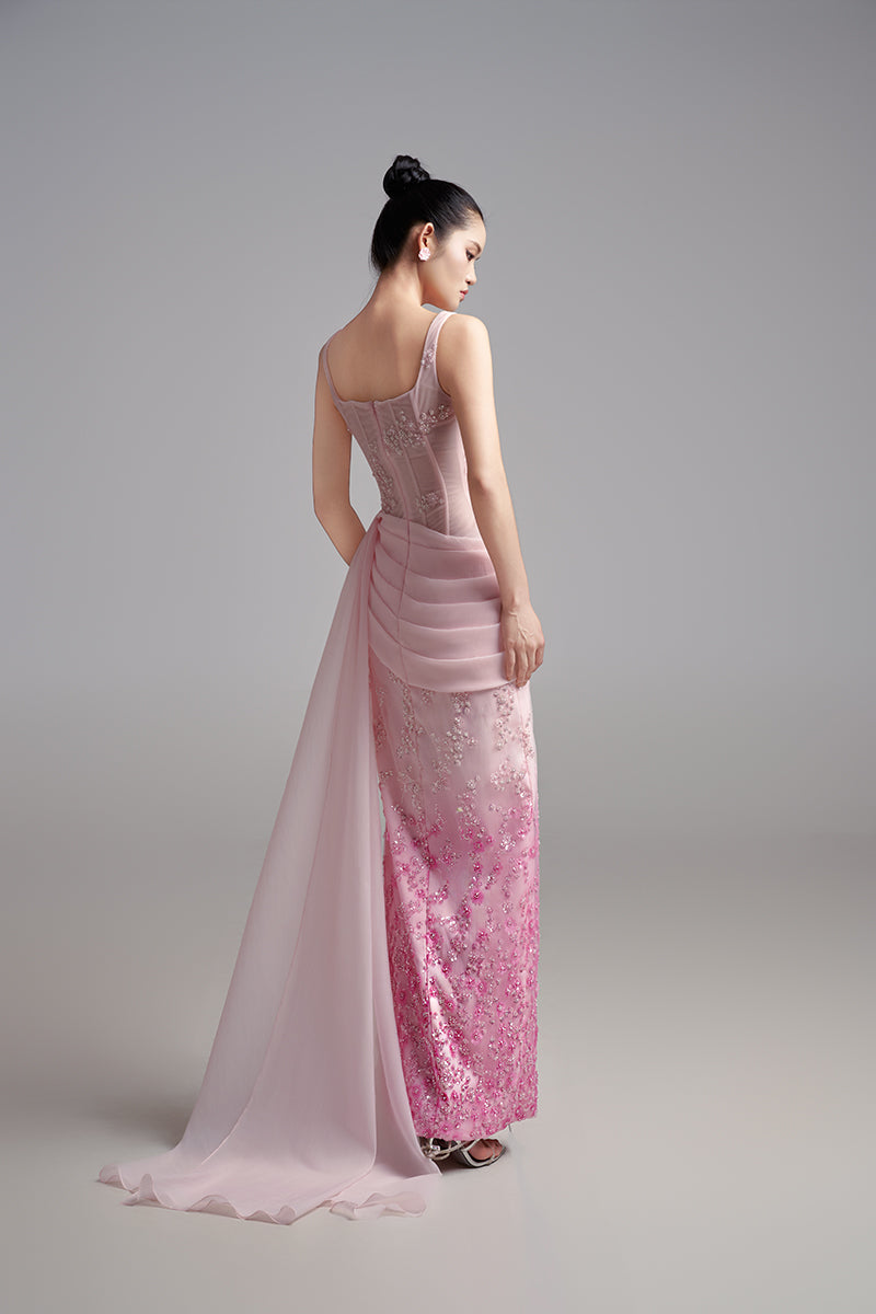 SQUARE NECK PLEATED WAIST STRAIGHT LONG DRESS - CULT MIA