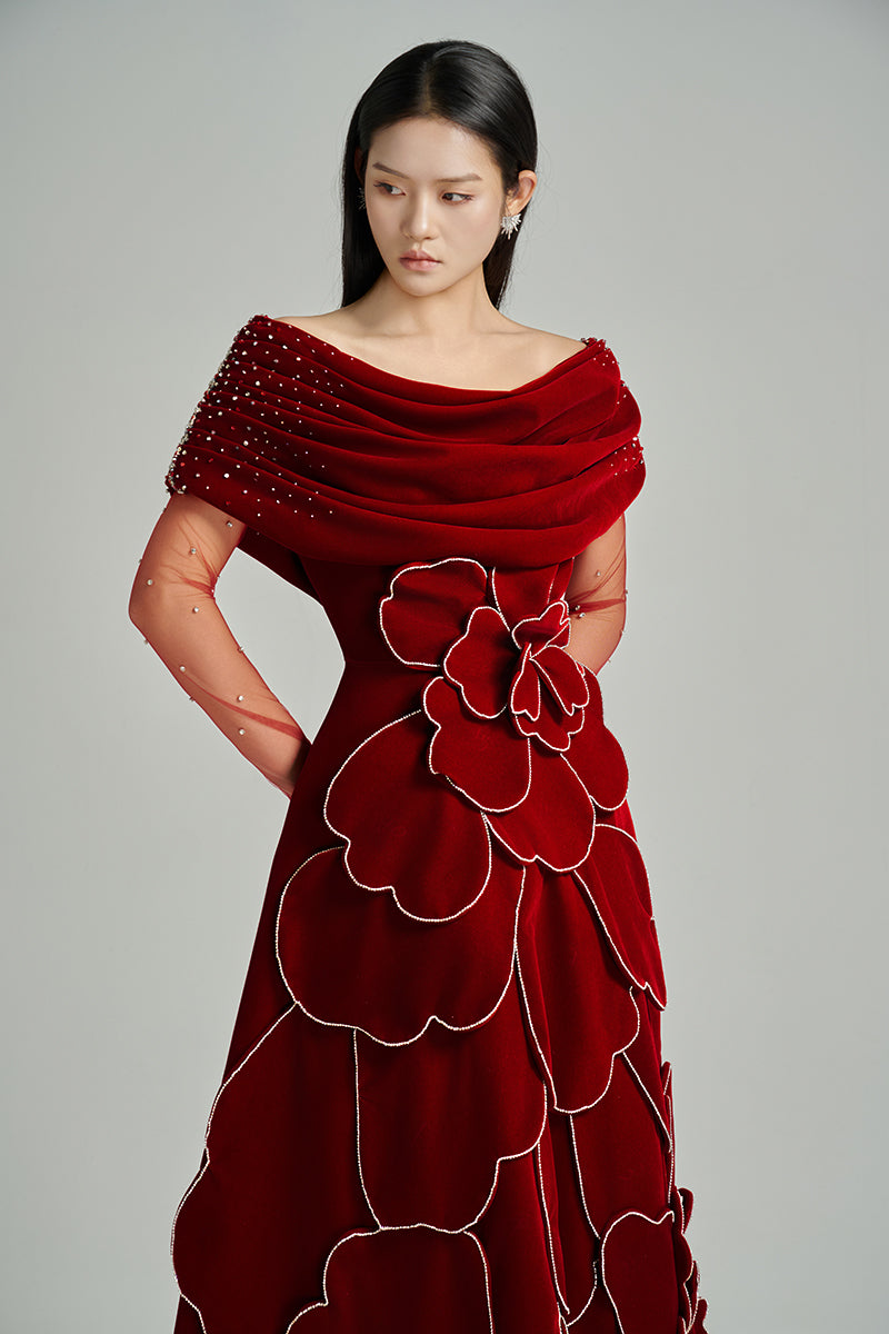 women's red off the shoulder dress for a cult wedding GATHERED OFF-SHOULDER GOWN | MIA formal events Red Satin Off The Shoulder