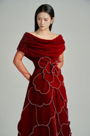 Red off-shoulder velvet gown by Happy Clothing from CULT MIA X HAPPY CLOTHING, showcasing elegant draped design and luxurious fabric.