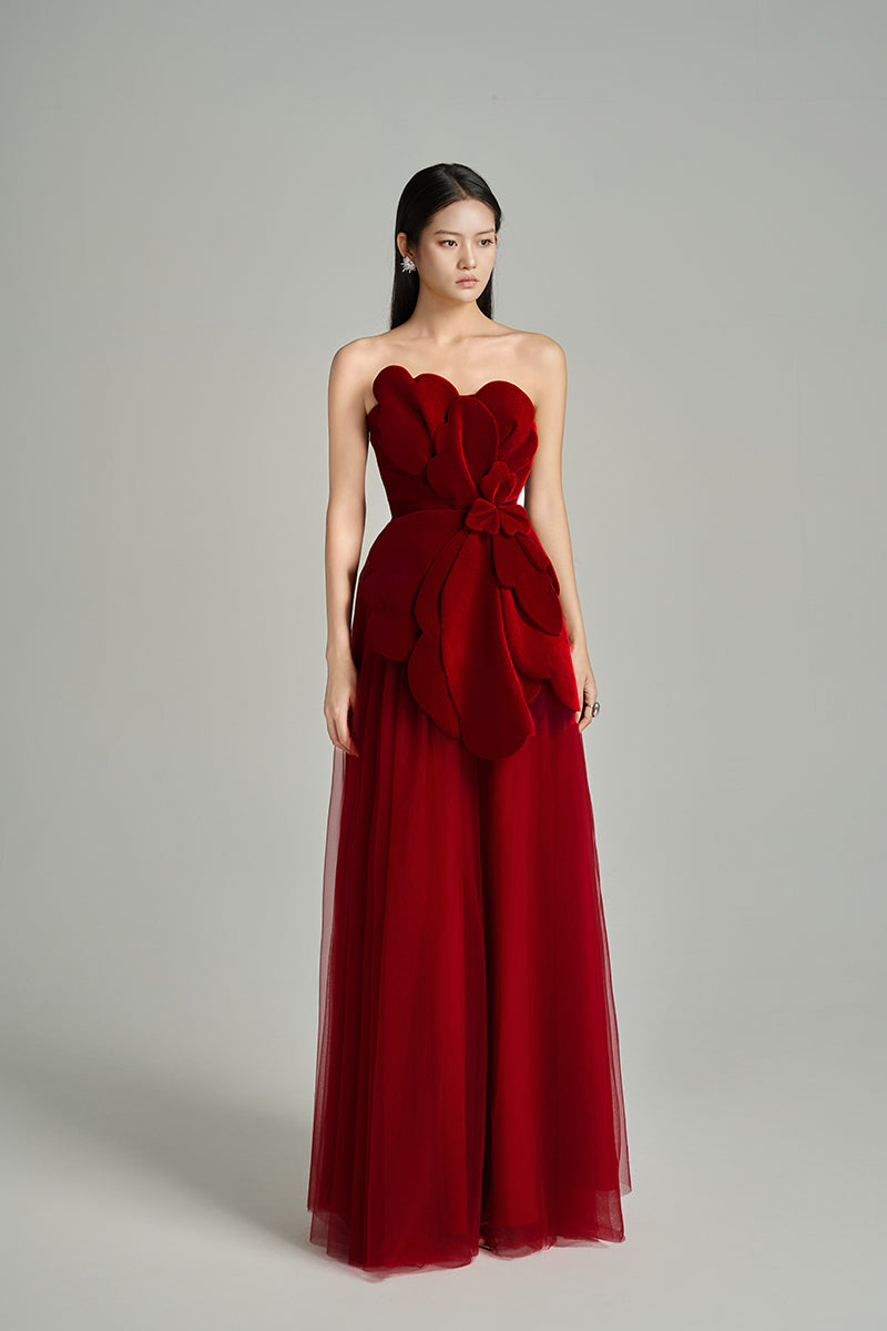 red floral velvet dress CULT MIA X HAPPY CLOTHING FLORAL VELVET AND ORGANZA MAXI DRESS IN RED