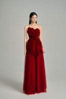 Red floral velvet and organza gown by Happy Clothing, featuring intricate details and elegant flowing fabric.