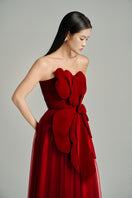 HAPPY CLOTHING CULT MIA X floral velvet and organza gown in red, elegant evening dress with intricate floral details