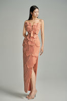 Pink velvet strapless gown by Happy Clothing featuring a V-neck and petal strapless design.