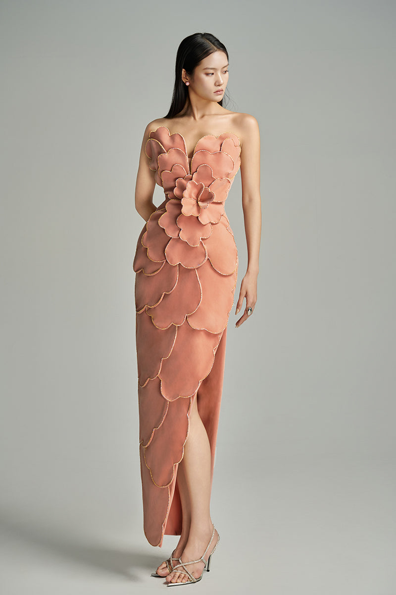 Pink velvet strapless gown by Happy Clothing featuring a V-neck and petal strapless design.
