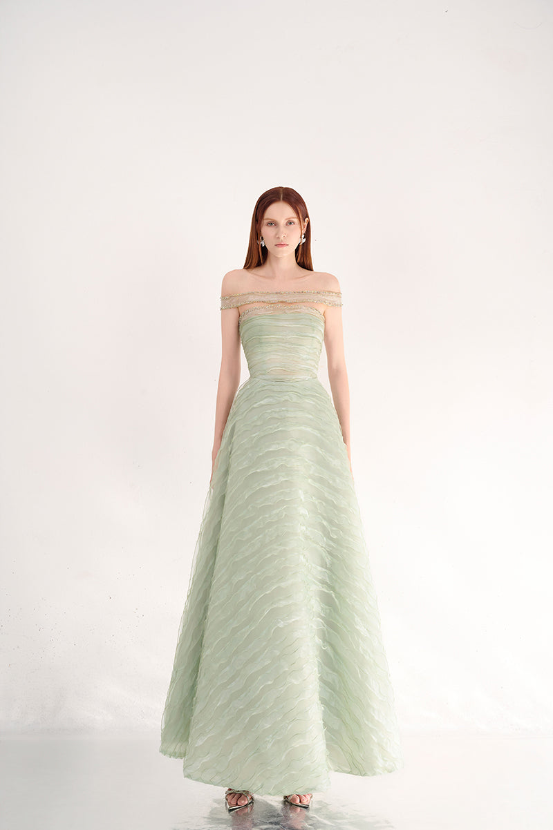 LIGHT MINT OFF SHOULDER ORGANZA MAXI DRESS
