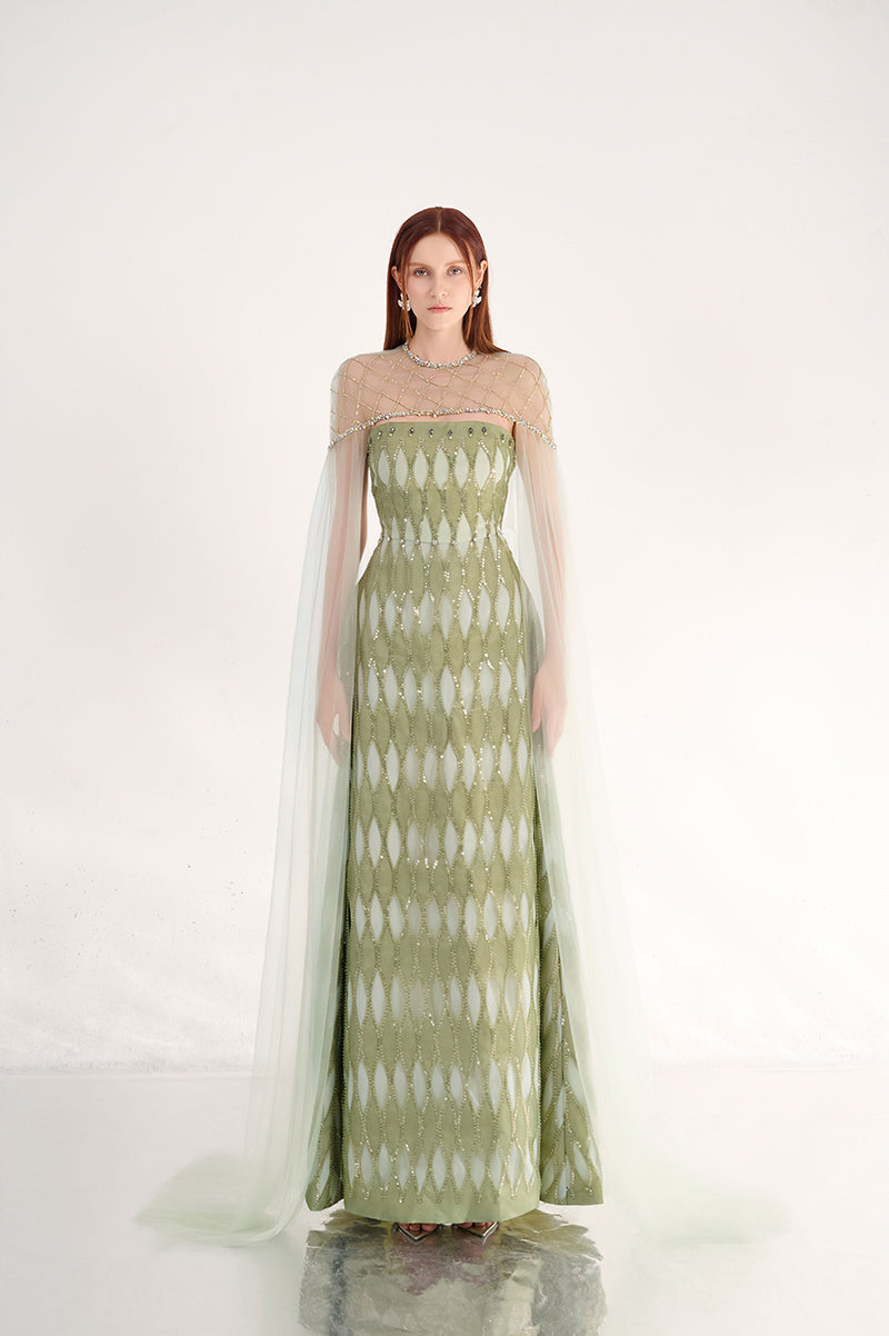 EMBELLISHED DUSTY MESH MAXI DRESS WITH CAPE