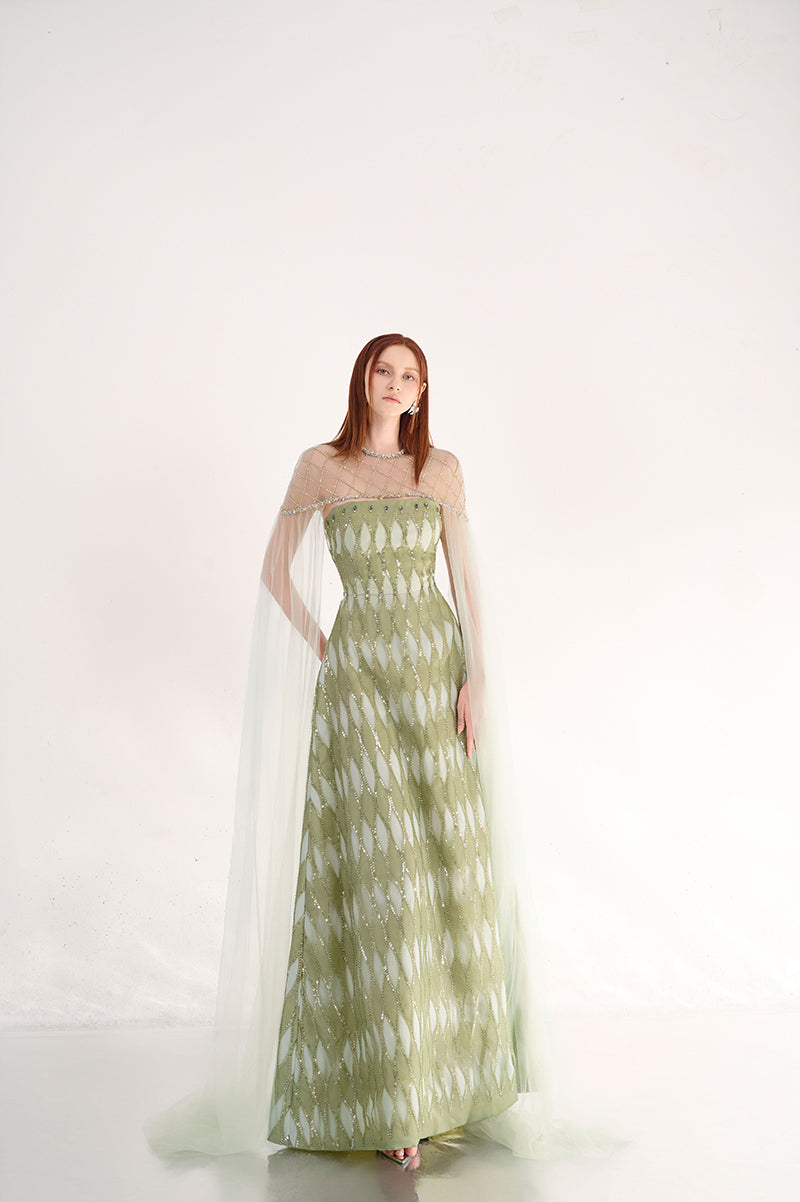 EMBELLISHED DUSTY MESH MAXI DRESS WITH CAPE - CULT MIA