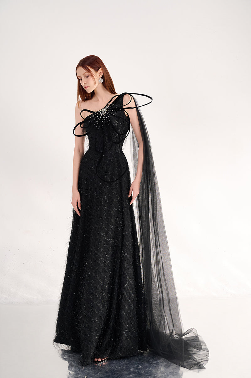 black flowy long dress FLORAL ONE SHOULDER ORGANZA MAXI DRESS IN BLACK | CULT MIA