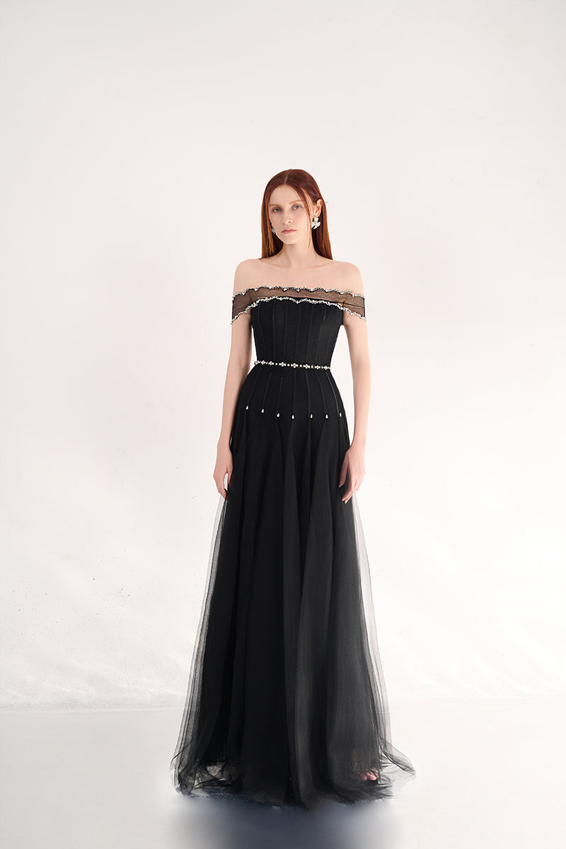 BLACK OFF SHOULDER ORGANZA MAXI DRESS