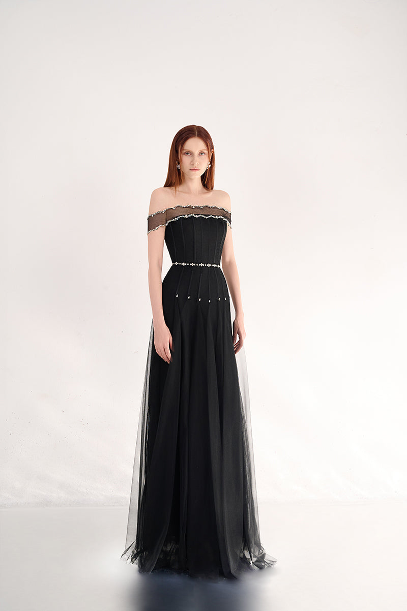 BLACK OFF SHOULDER ORGANZA MAXI DRESS - CULT MIA