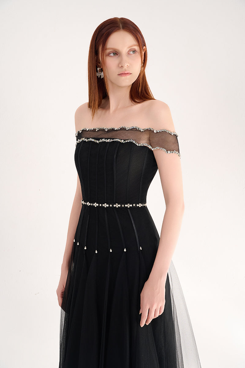 BLACK OFF SHOULDER ORGANZA MAXI DRESS - CULT MIA