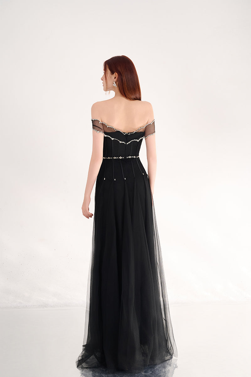 BLACK OFF SHOULDER ORGANZA MAXI DRESS - CULT MIA