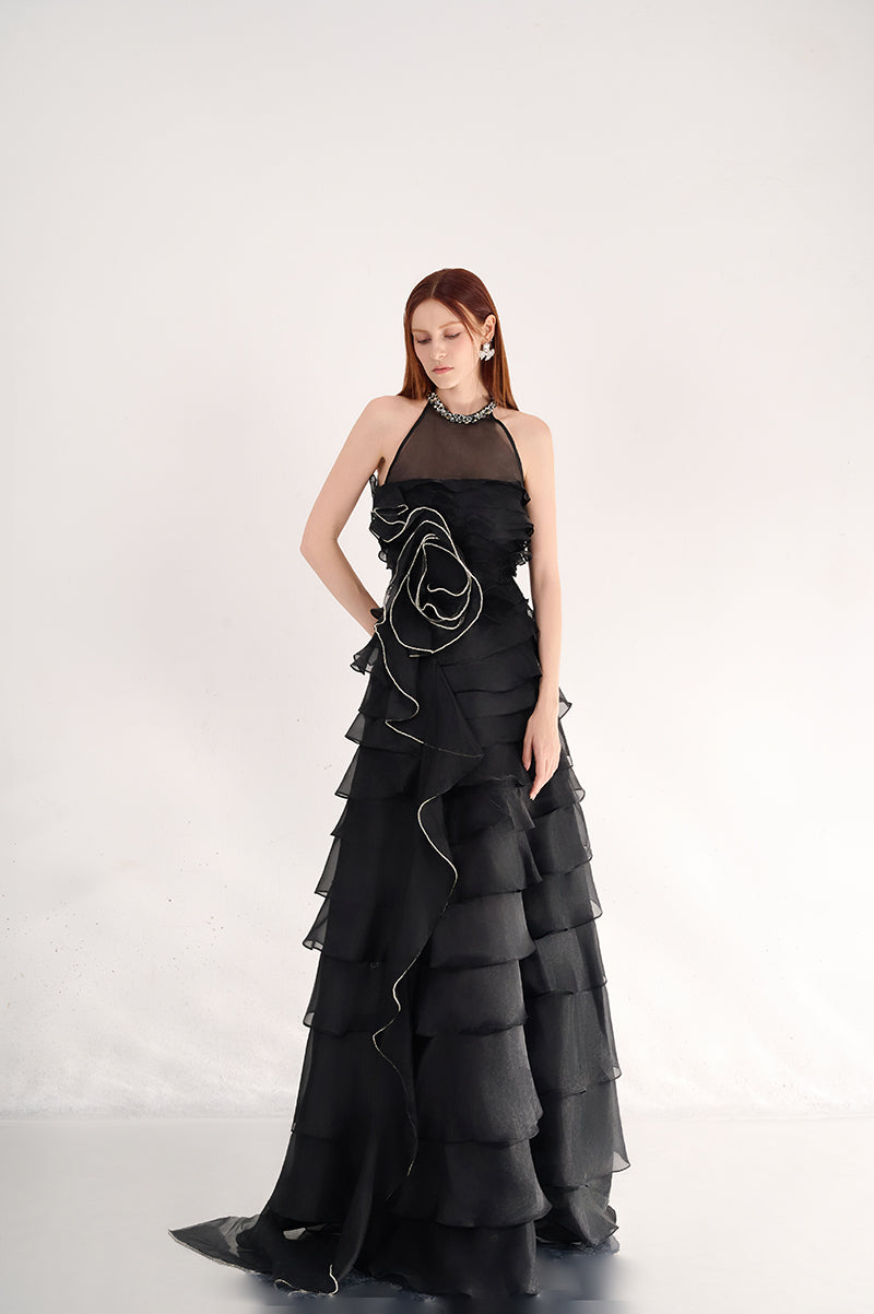 MADDOX LAYERED SLEEVELESS ORGANZA MAXI DRESS
