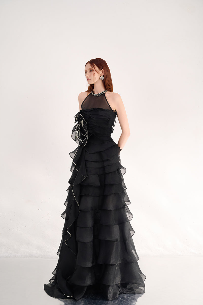 sleeveless organza dress Printed Organza V-Neck Sleeveless Gown