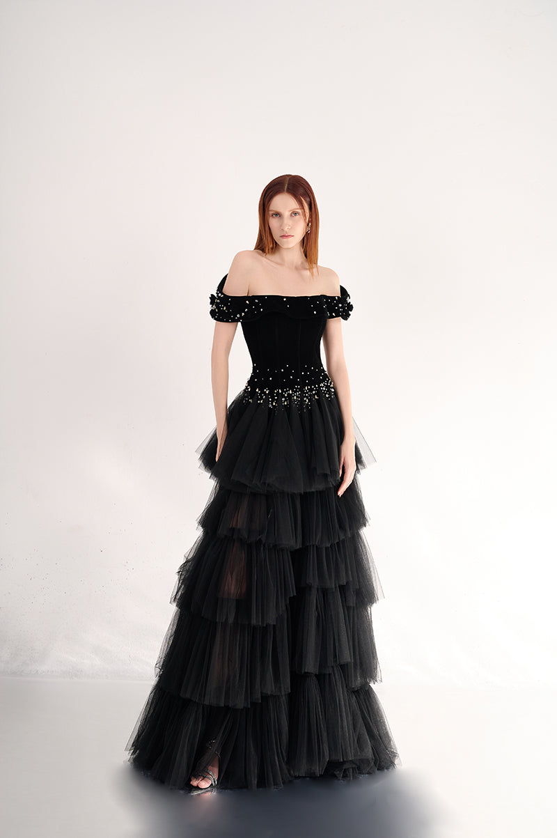 OFF SHOULDER LAYERED ORGANZA MAXI DRESS