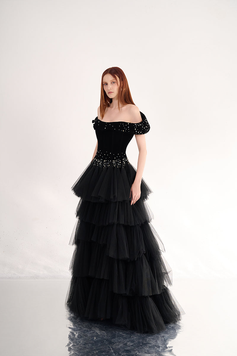OFF SHOULDER LAYERED ORGANZA MAXI DRESS - CULT MIA