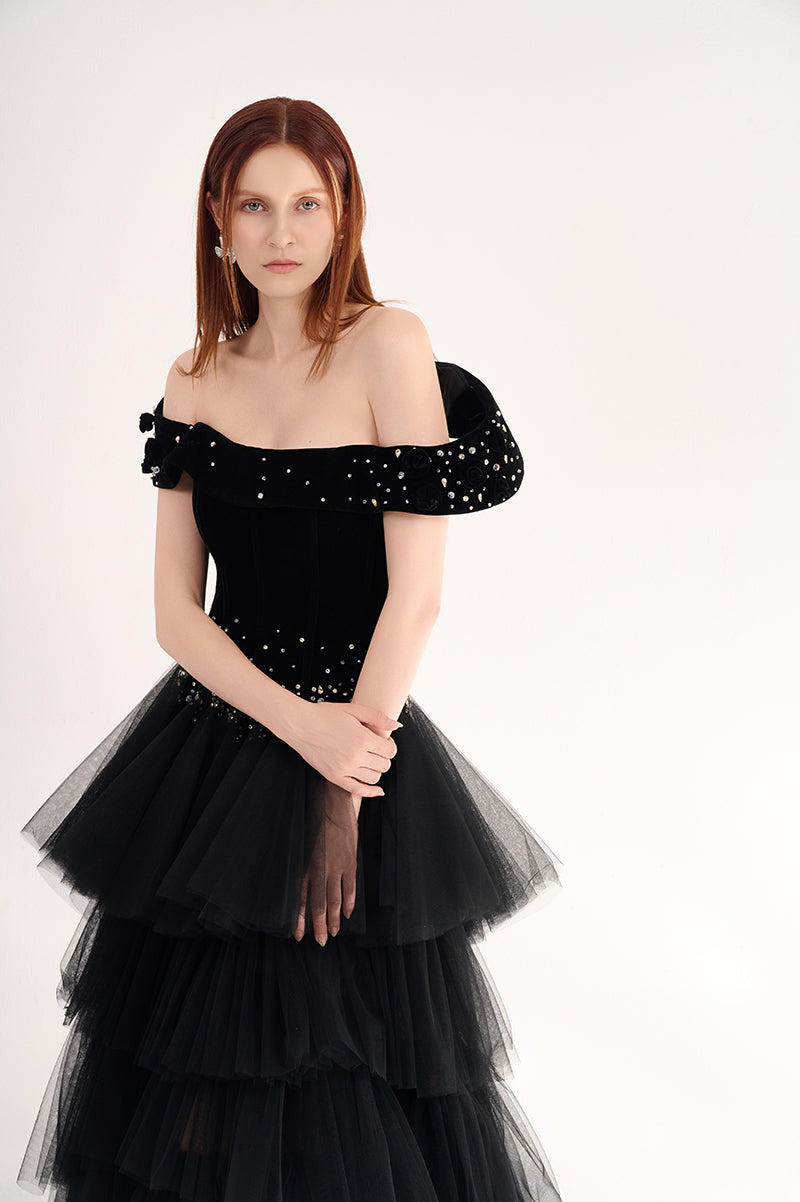OFF SHOULDER LAYERED ORGANZA MAXI DRESS - CULT MIA