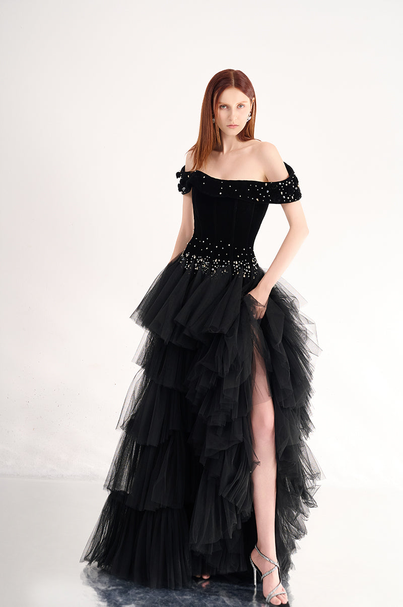 OFF SHOULDER LAYERED ORGANZA MAXI DRESS - CULT MIA