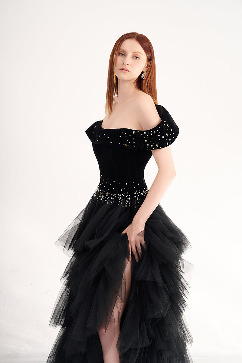 OFF SHOULDER LAYERED ORGANZA MAXI DRESS - CULT MIA
