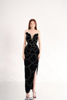 Black velvet V-neck petal strapless gown by Happy Clothing, elegant floor-length dress with a flowing silhouette.