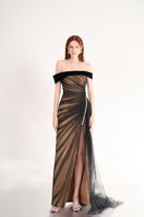 Black off-shoulder organza gown by Happy Clothing, elegant evening dress with flowing fabric and stylish off-shoulder design.