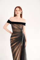 Black off-shoulder organza gown by Happy Clothing, featuring a flowing design and elegant style.