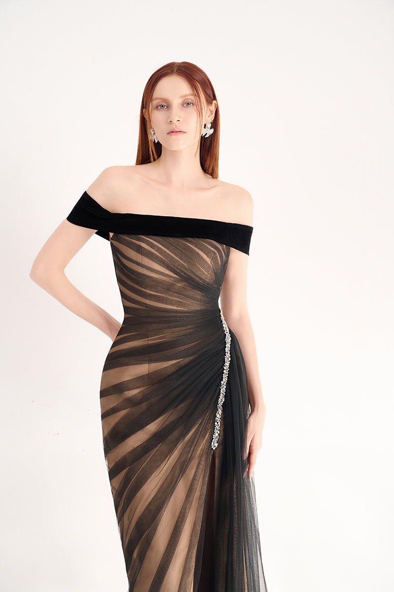 Black off-shoulder organza gown by Happy Clothing, featuring a flowing design and elegant style.