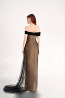 Black off shoulder organza gown by Happy Clothing featuring a flowing design and elegant off-shoulder style.