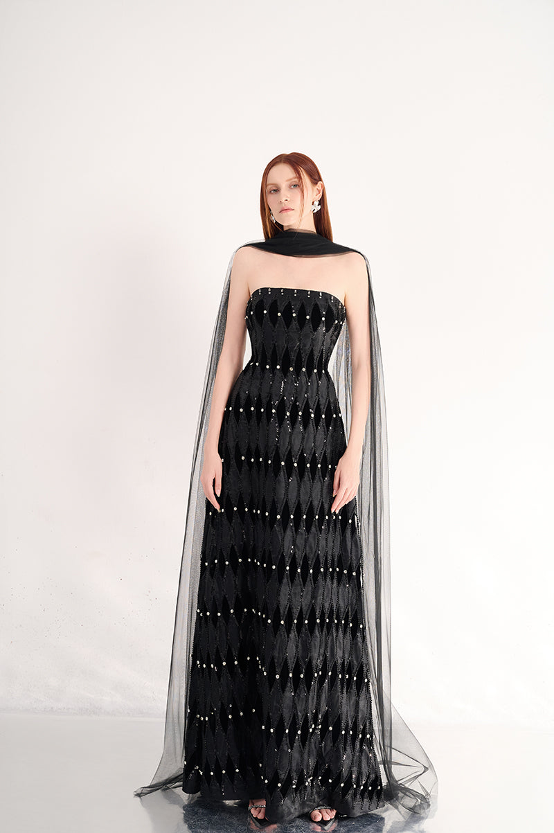 Black strapless floor-length gown with stone embellishments and scarf detail by Happy Clothing, elegant evening dress.