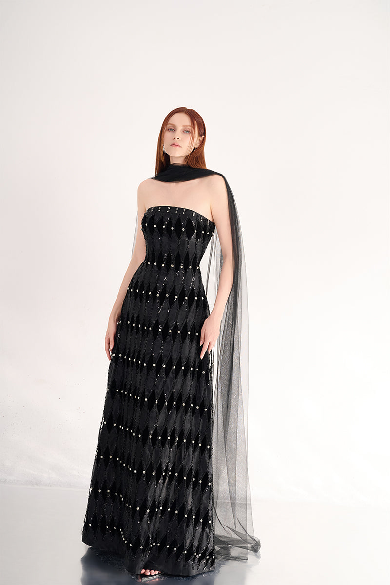 STRAPLESS STONE FLOOR LENGTH BLACK DRESS WITH SCARF DETAIL | CULT MIA