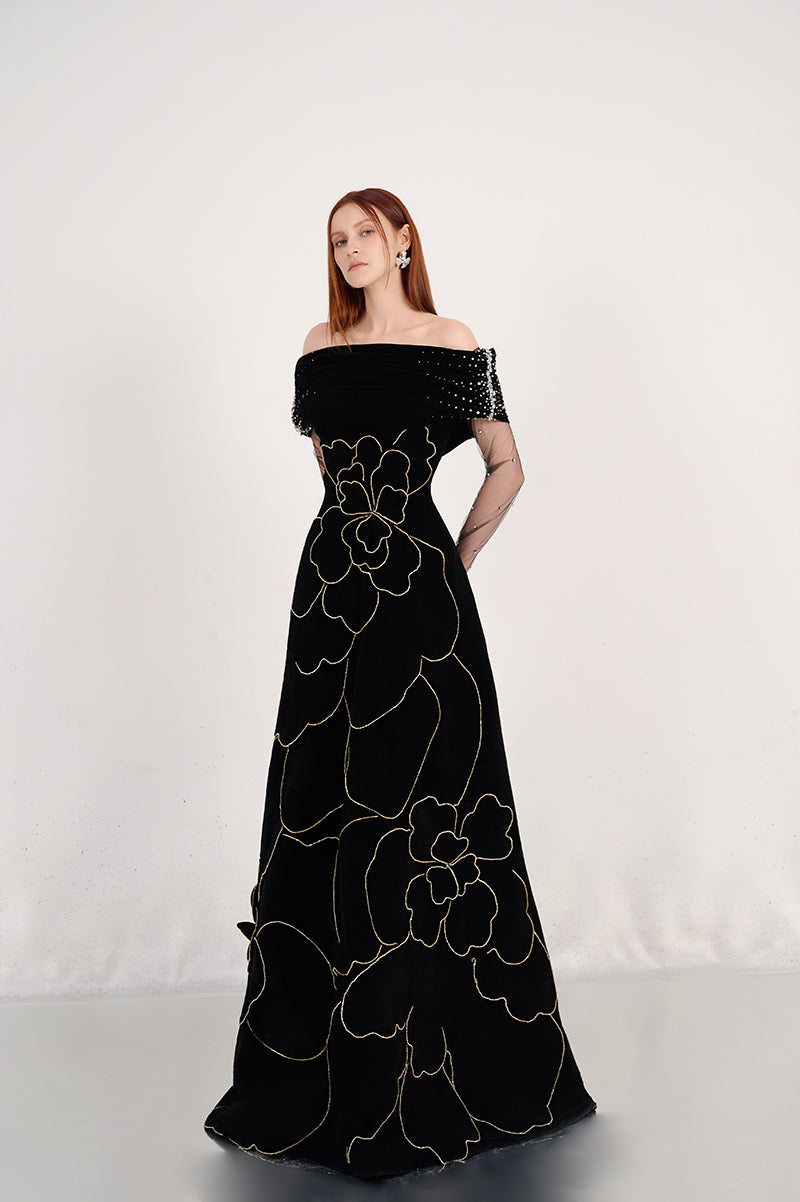 OFF-SHOULDER VELVET MAXI DRESS WITH FLORAL DETAILS