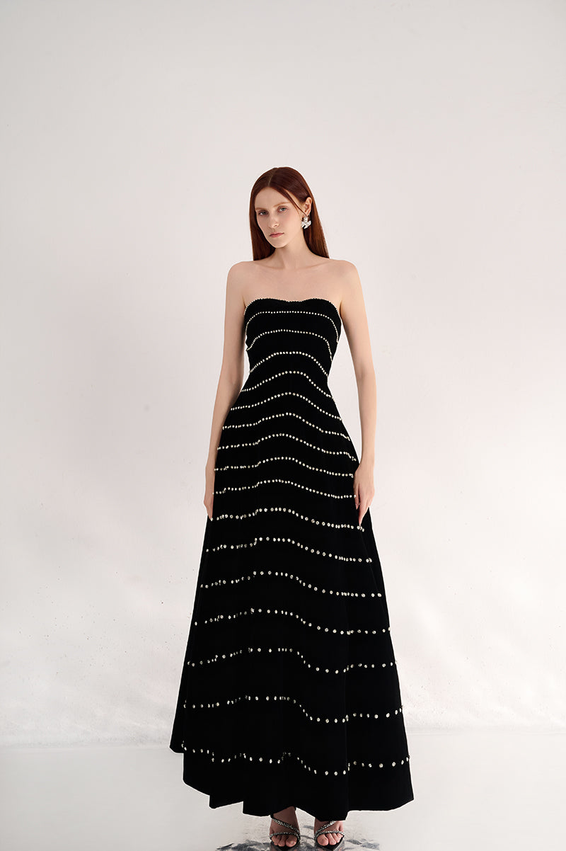 STRAPLESS STONE VELVET BLACK MAXI DRESS