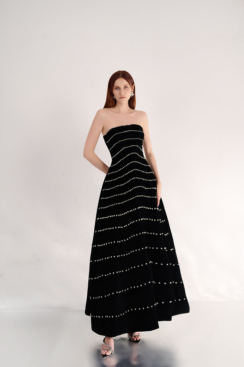 STRAPLESS STONE VELVET BLACK MAXI DRESS - CULT MIA