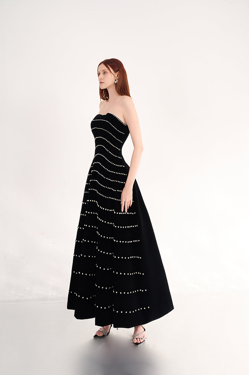 STRAPLESS STONE VELVET BLACK MAXI DRESS - CULT MIA