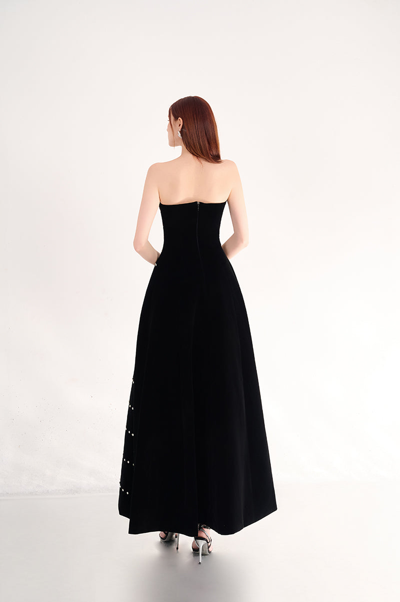 STRAPLESS STONE VELVET BLACK MAXI DRESS - CULT MIA