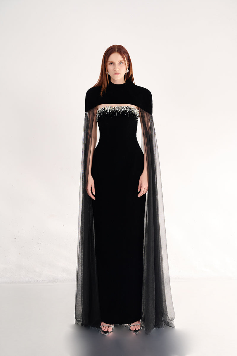 BLACK VELVET BODY MAXI DRESS WITH CAPE DETAILS