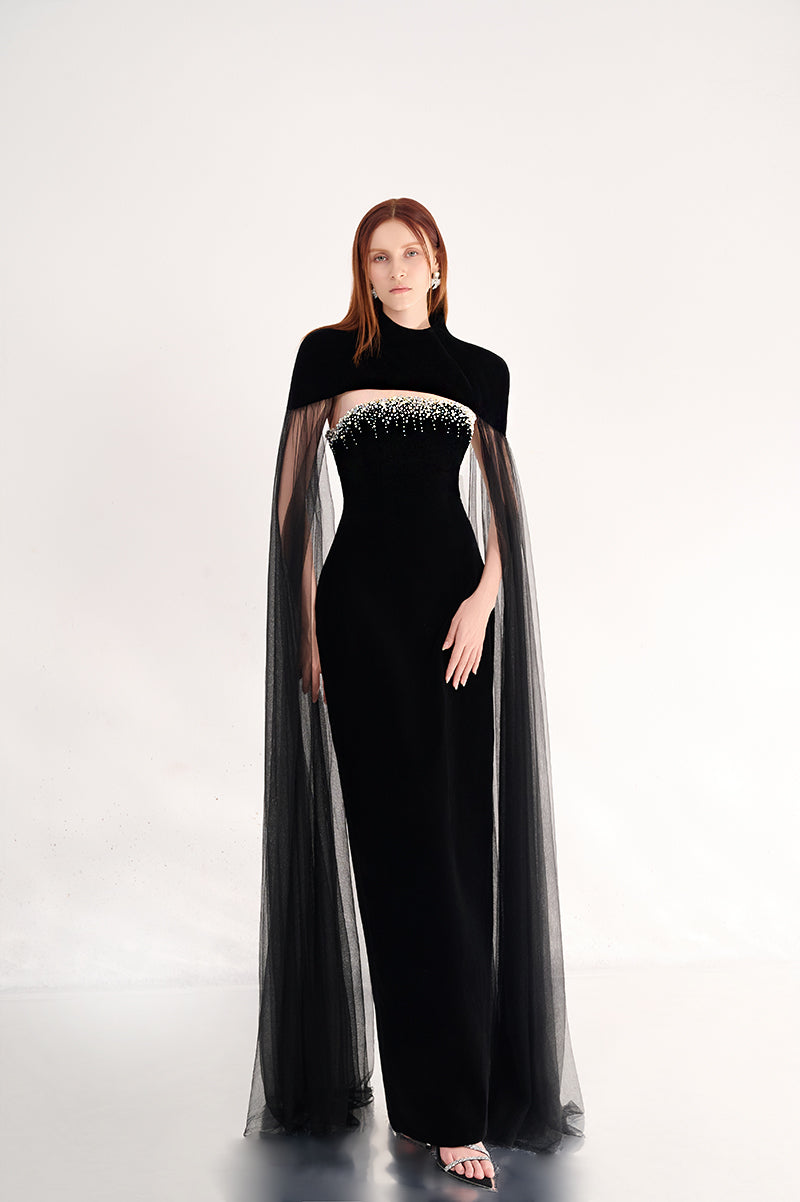 BLACK VELVET BODY MAXI DRESS WITH CAPE DETAILS - CULT MIA