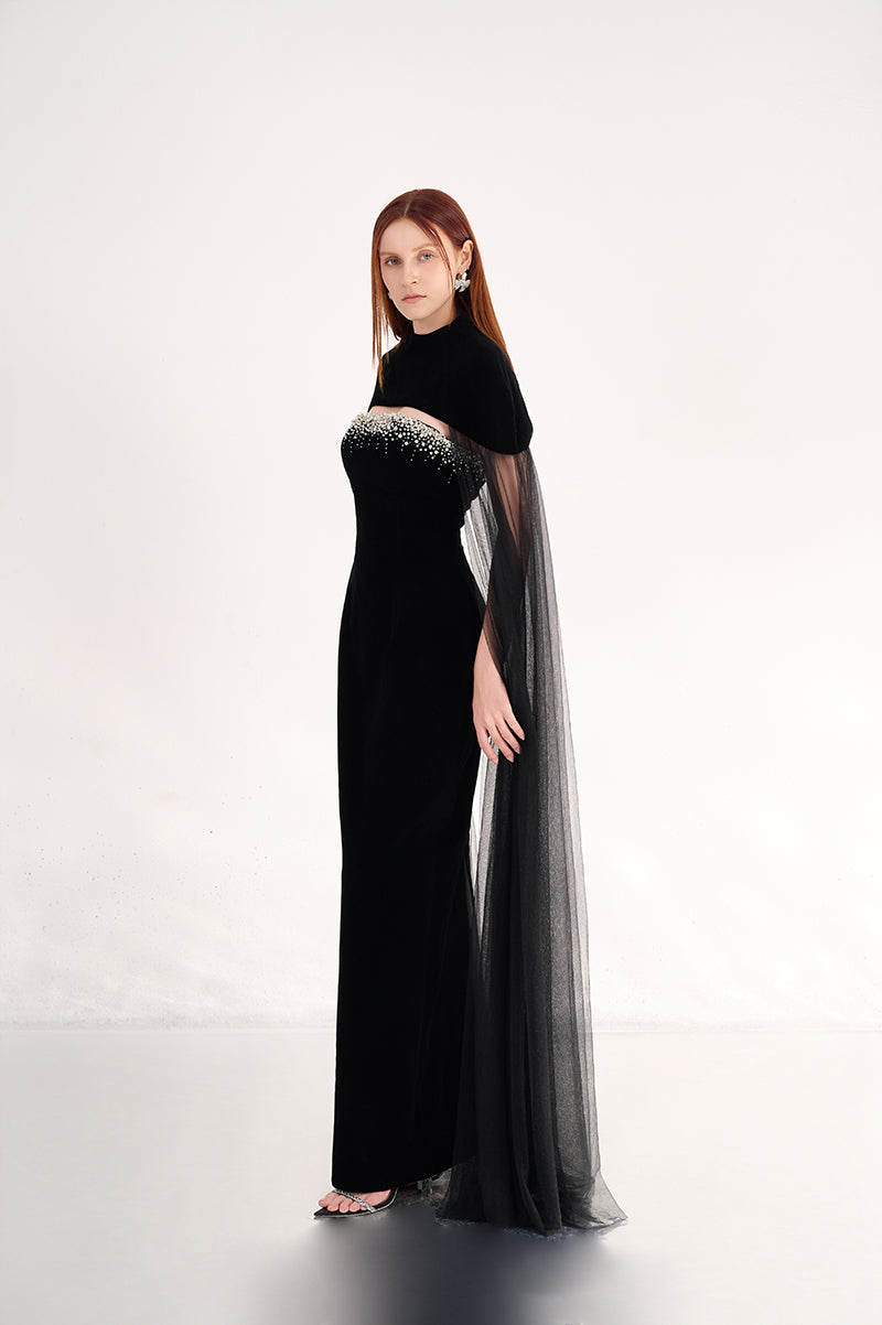 BLACK VELVET BODY MAXI DRESS WITH CAPE DETAILS - CULT MIA