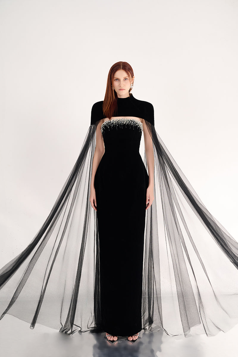 BLACK VELVET BODY MAXI DRESS WITH CAPE DETAILS - CULT MIA
