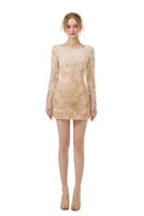White and beige Lucienne lace mini dress by 21Six, featuring intricate lace details and a stylish, fitted silhouette.