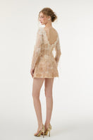 White and beige Lucienne lace mini dress by 21Six, featuring intricate lace details and a fitted silhouette.