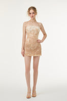 White and beige CELIA lace mini dress by 21Six, featuring intricate lace details and a stylish, fitted silhouette.