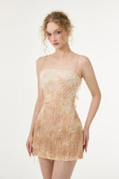 White and beige CELIA lace mini dress by 21Six, featuring intricate lace details and a fitted silhouette.