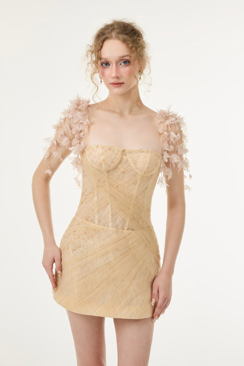 Beige Catalina tulle and lace mini dress by 21Six, featuring a delicate lace overlay and flowing tulle skirt.