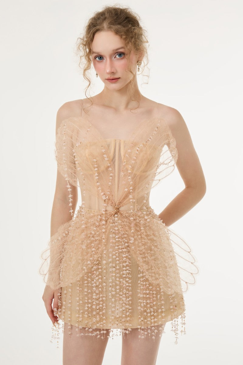 Beige Sabrina lace and tulle mini dress by 21Six, featuring delicate lace details and a flowing tulle skirt.
