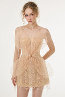 Beige Sabrina lace and tulle mini dress by 21Six, featuring delicate lace details and a stylish, feminine silhouette.