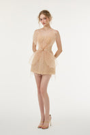 Beige Sabrina lace and tulle mini dress by 21Six, featuring intricate lace details and a delicate tulle overlay.